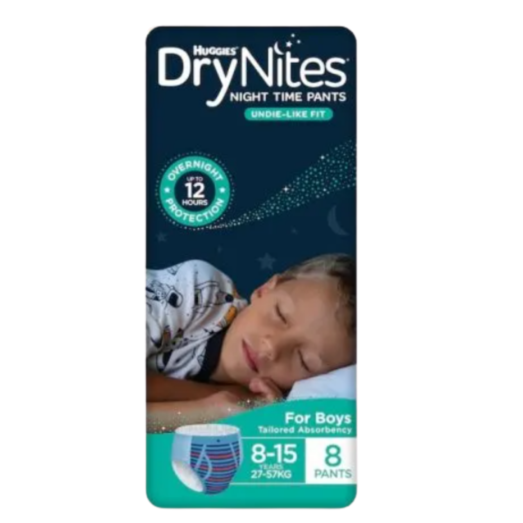 Packaging for Huggies DryNites Night Time Pants for boys aged 8-15 years (27-57kg), featuring a sleeping child and 12-hour protection claim.