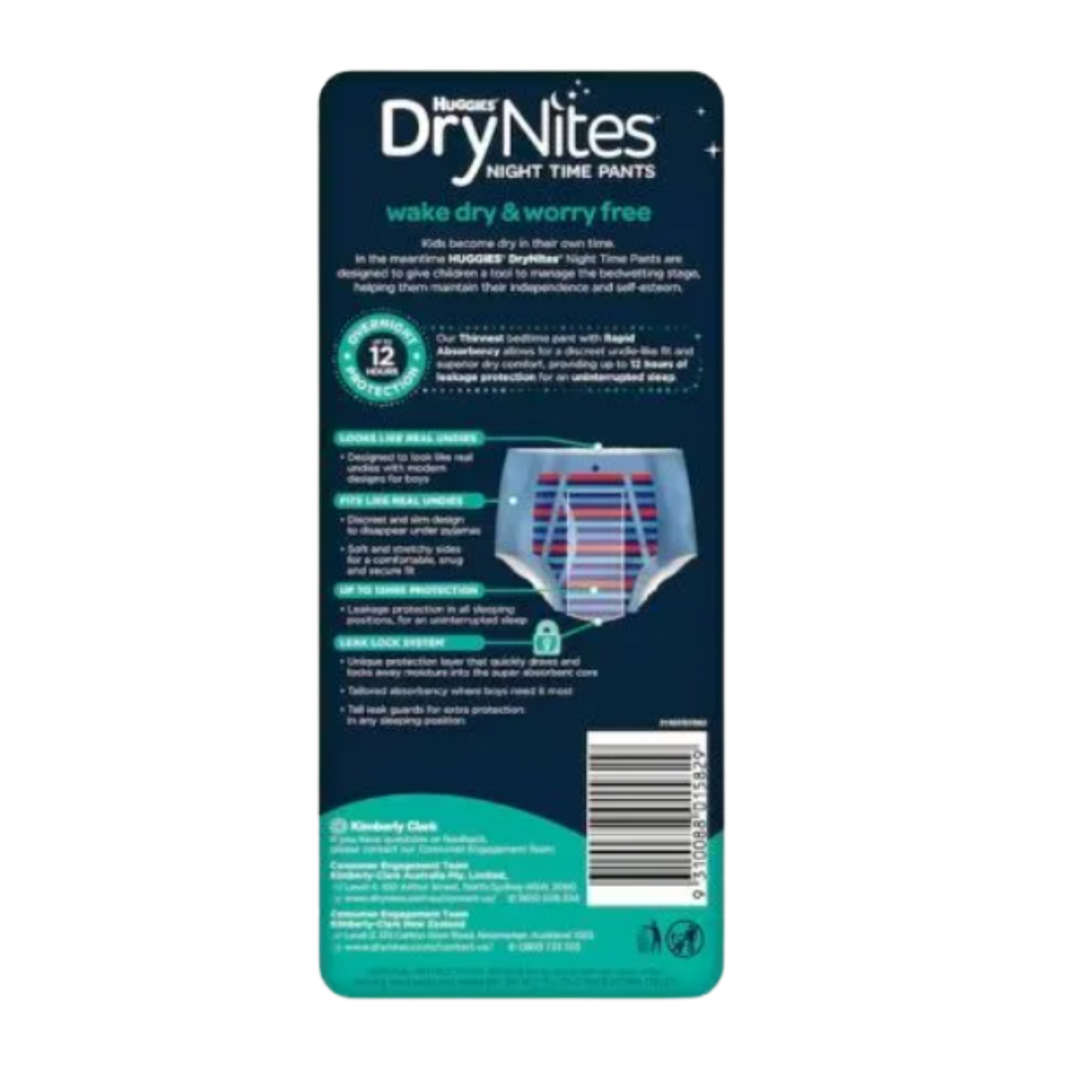 Back panel of Huggies DryNites for boys showing product features: leak lock system, tailored absorbency, and "undie-like" fit.