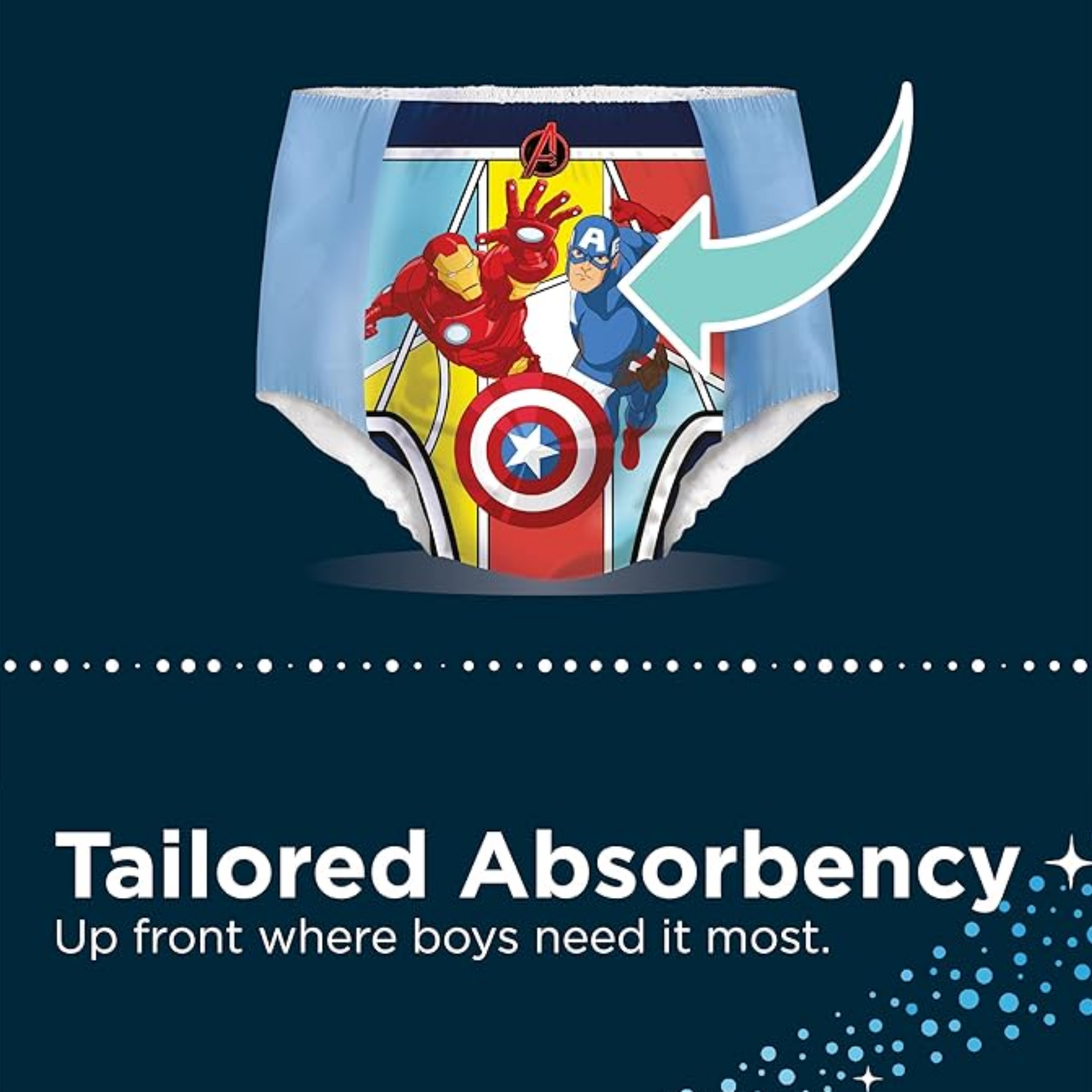 Close-up of Huggies DryNites for boys showing the tailored absorbency zone with Marvel Avengers character graphics.