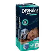 Angled view of a Huggies DryNites 8-pack for boys, highlighting the overnight protection and discreet design for ages 8-15.
