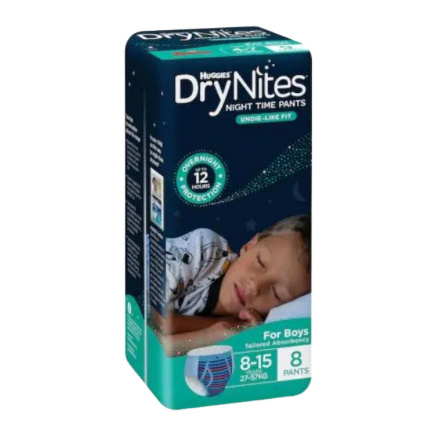 Angled view of a Huggies DryNites 8-pack for boys, highlighting the overnight protection and discreet design for ages 8-15.