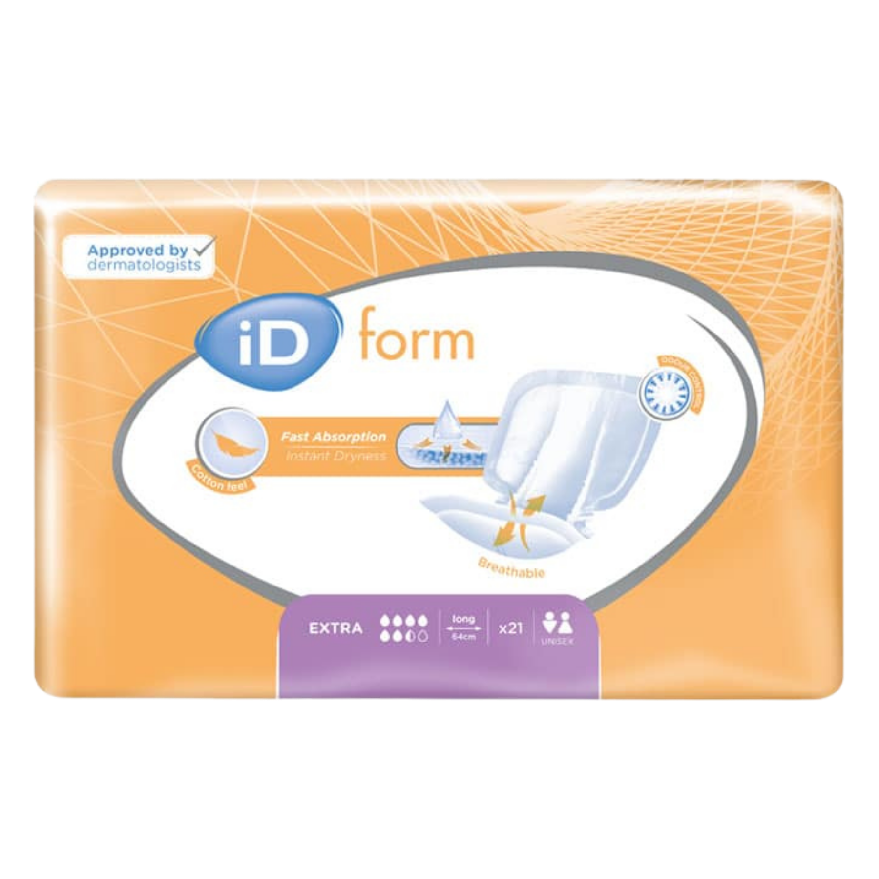 A package of iD form Extra absorbent incontinence pads, shown in a rectangular orange wrapper with a white and purple central label and product illustration.