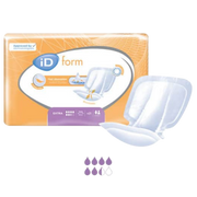 iD form Extra absorbent underpads shown with their orange and white packaging box, alongside a single white underpad, on a plain white background.