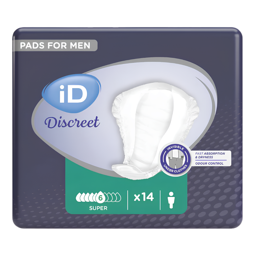 iD Discreet Pouch Super Mens continence pad offers 748ml absorbency with discreet male-specific design, odour control, and secure fit for daily protection.