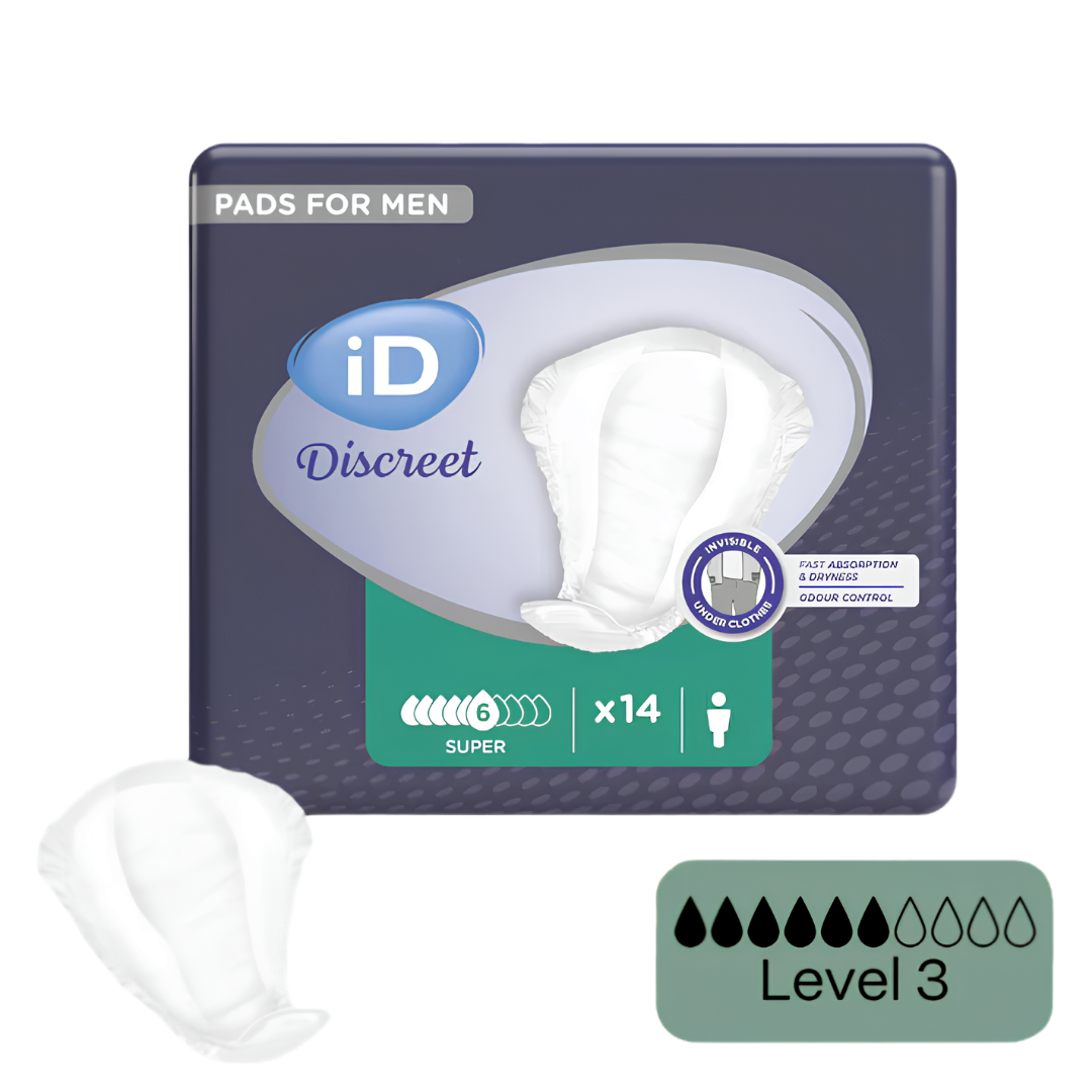 iD Discreet Pouch Super Mens continence pad offers 748ml absorbency with discreet male-specific design, odour control, and secure fit for daily protection.