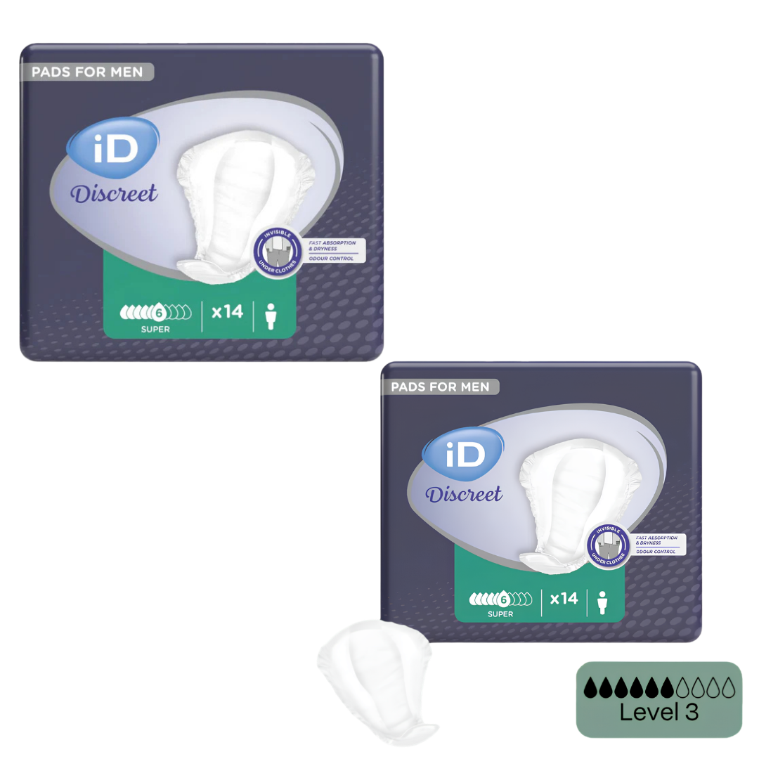 iD Discreet Pouch Super Mens continence pad offers 748ml absorbency with discreet male-specific design, odour control, and secure fit for daily protection.