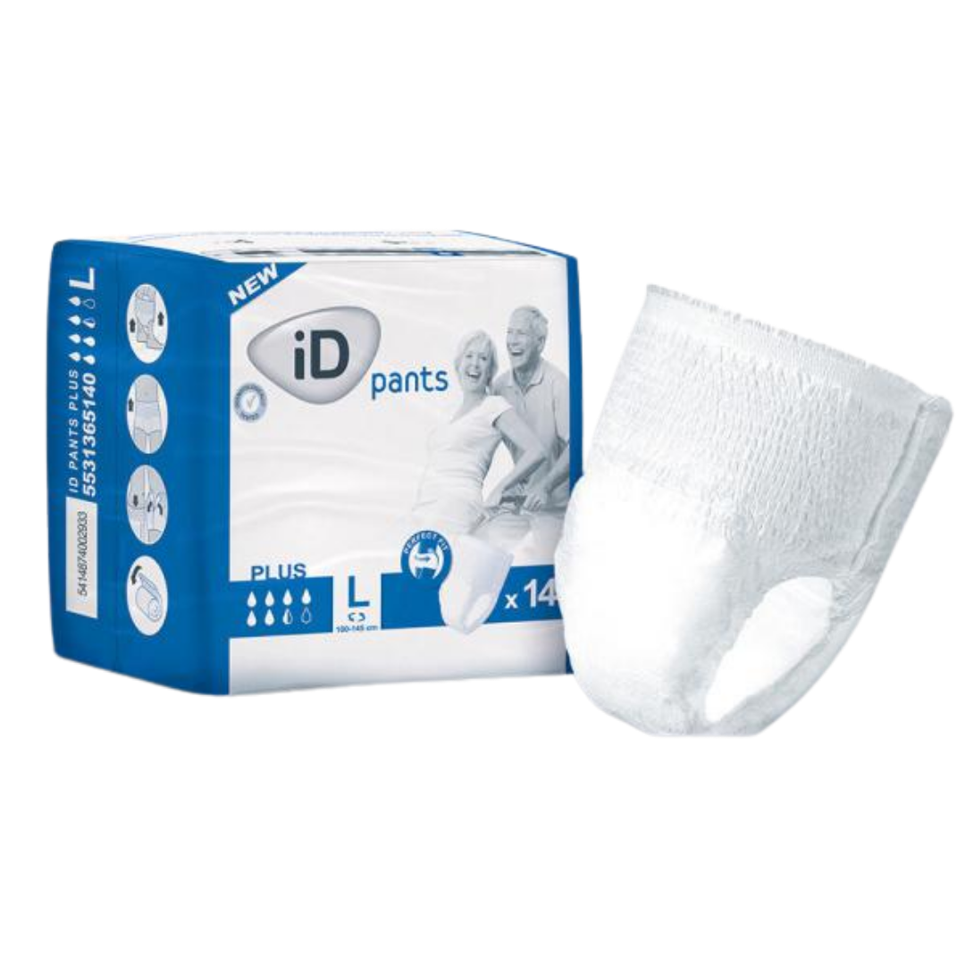Packaging for iD Pants Plus Large (L) 14-pack, highlighting dermatologically tested, "Perfect Fit," and "Ultra Discreet Protection" features for unisex use.