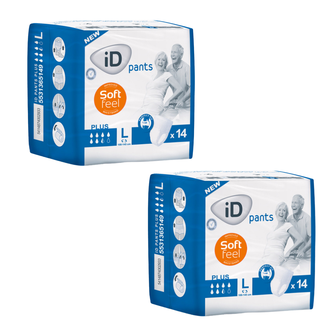 Packaging for iD Pants Plus Large (L) 14-pack, highlighting dermatologically tested, "Perfect Fit," and "Ultra Discreet Protection" features for unisex use.