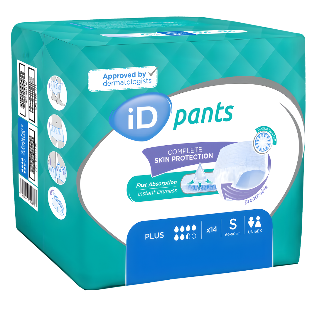 iD Sensitive Pants Extra Plus adult pull-up incontinence briefs, size Small (60–90cm waist), soft breathable disposable protection for sensitive skin.
