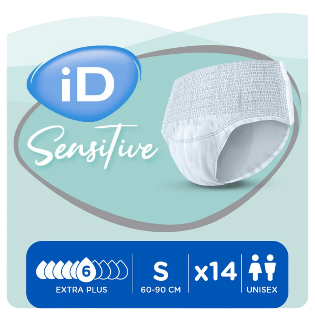 iD Sensitive Pants Extra Plus XS variant shown in packaging, designed for discreet continence care with 1430ml absorbency.
