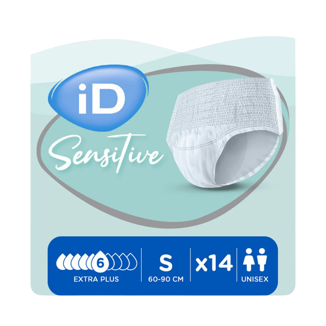 iD Sensitive Pants Extra Plus XS variant shown in packaging, designed for discreet continence care with 1430ml absorbency.