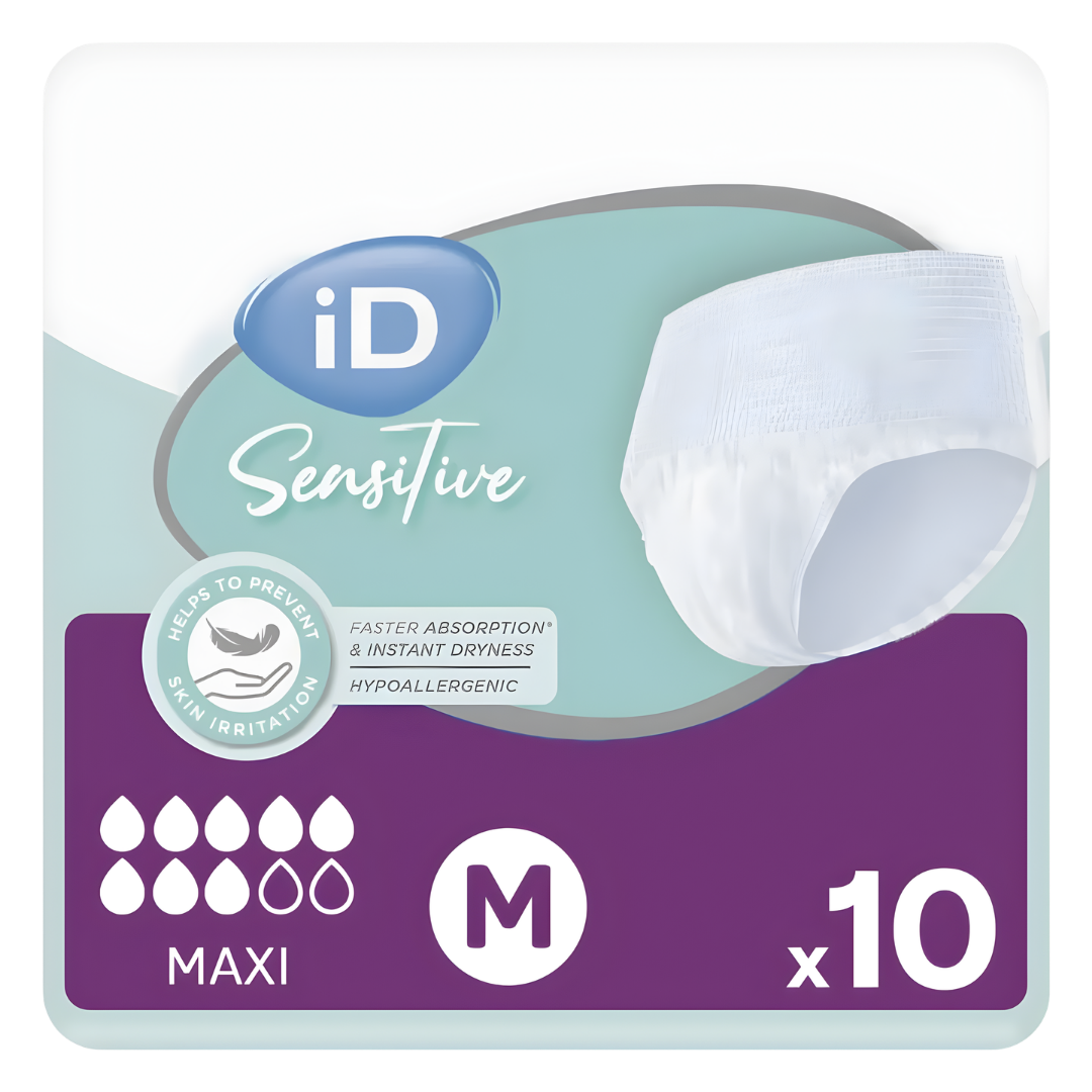 iD Sensitive Pants Maxi Medium variant shown in packaging, designed for heavy continence care with 2200ml absorbency.v
