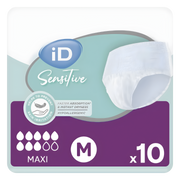 iD Sensitive Pants Maxi Medium variant shown in packaging, designed for heavy continence care with 2200ml absorbency.v