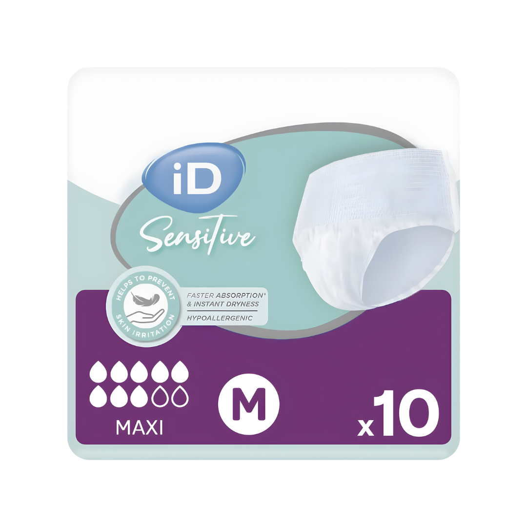 iD Sensitive Pants Maxi Medium variant shown in packaging, designed for heavy continence care with 2200ml absorbency.