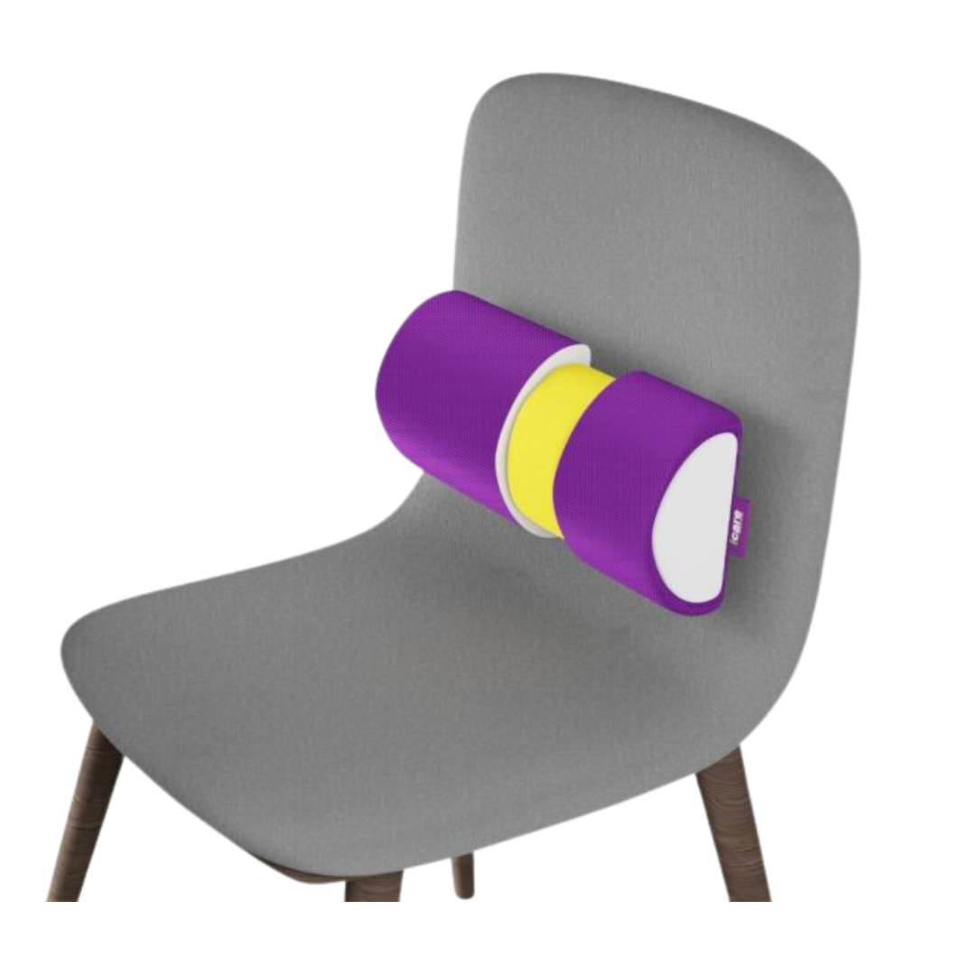 The Icare Half Lumbar Support Cushion, purple and yellow, attached horizontally to the back of a light grey ergonomic office chair.