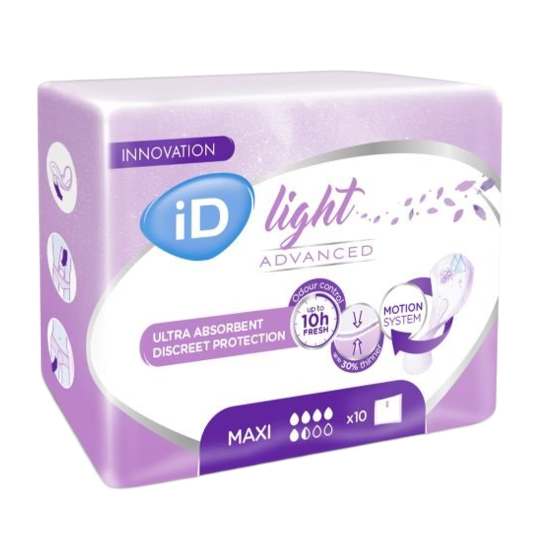 Retail packaging for iD Light Advanced Maxi pads, 10-pack, highlighting 10-hour freshness and a 30% thinner design.