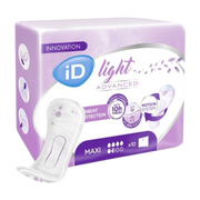 iD Light Advanced Maxi pads packaging shown with a single ultra-absorbent pad featuring purple floral patterns and a motion system.
