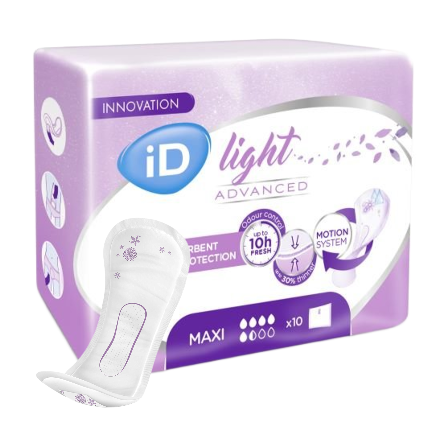 iD Light Advanced Maxi pads packaging shown with a single ultra-absorbent pad featuring purple floral patterns and a motion system.