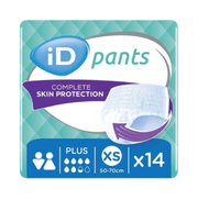 Front view of iD Pants Plus packaging for size Extra Small (50-70cm), showing the unisex icons, 6-drop absorbency rating, and 14-count quantity.
