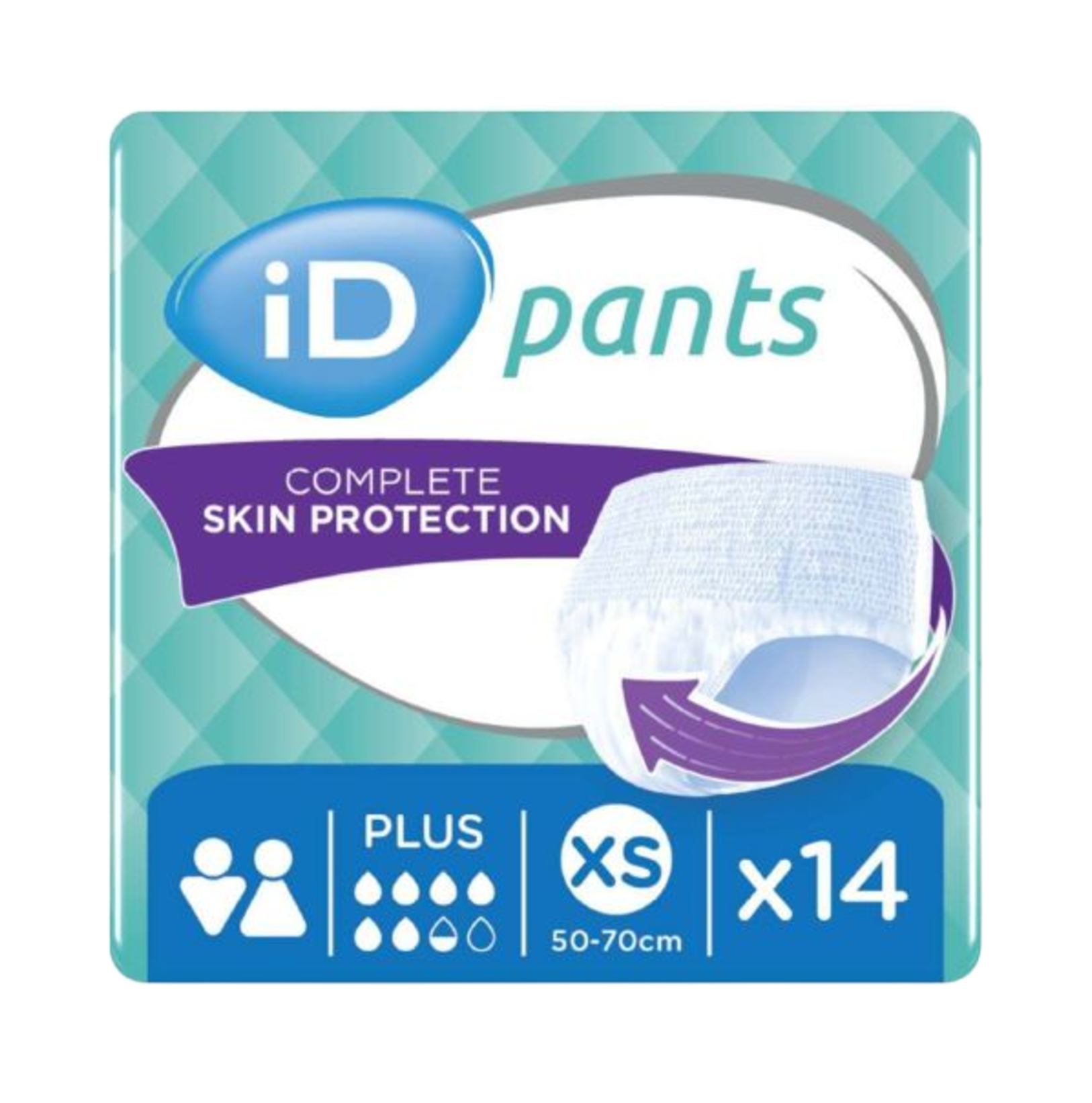 Front view of iD Pants Plus packaging for size Extra Small (50-70cm), showing the unisex icons, 6-drop absorbency rating, and 14-count quantity.