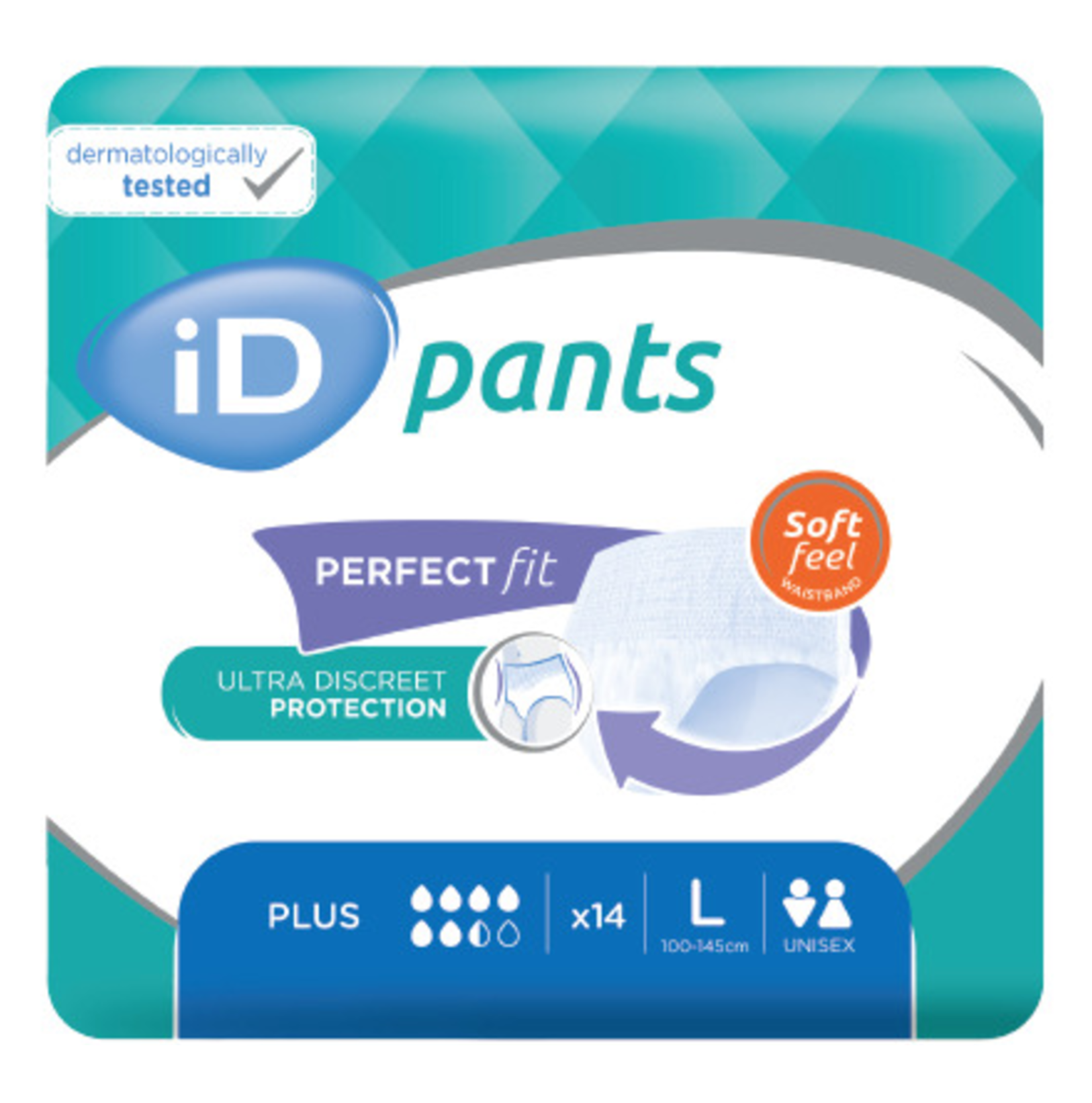 Package of iD pants with branding and product features on a white background