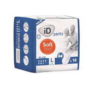 Packaging for iD Pants Plus Large (L) 14-pack, highlighting dermatologically tested, "Perfect Fit," and "Ultra Discreet Protection" features for unisex use.