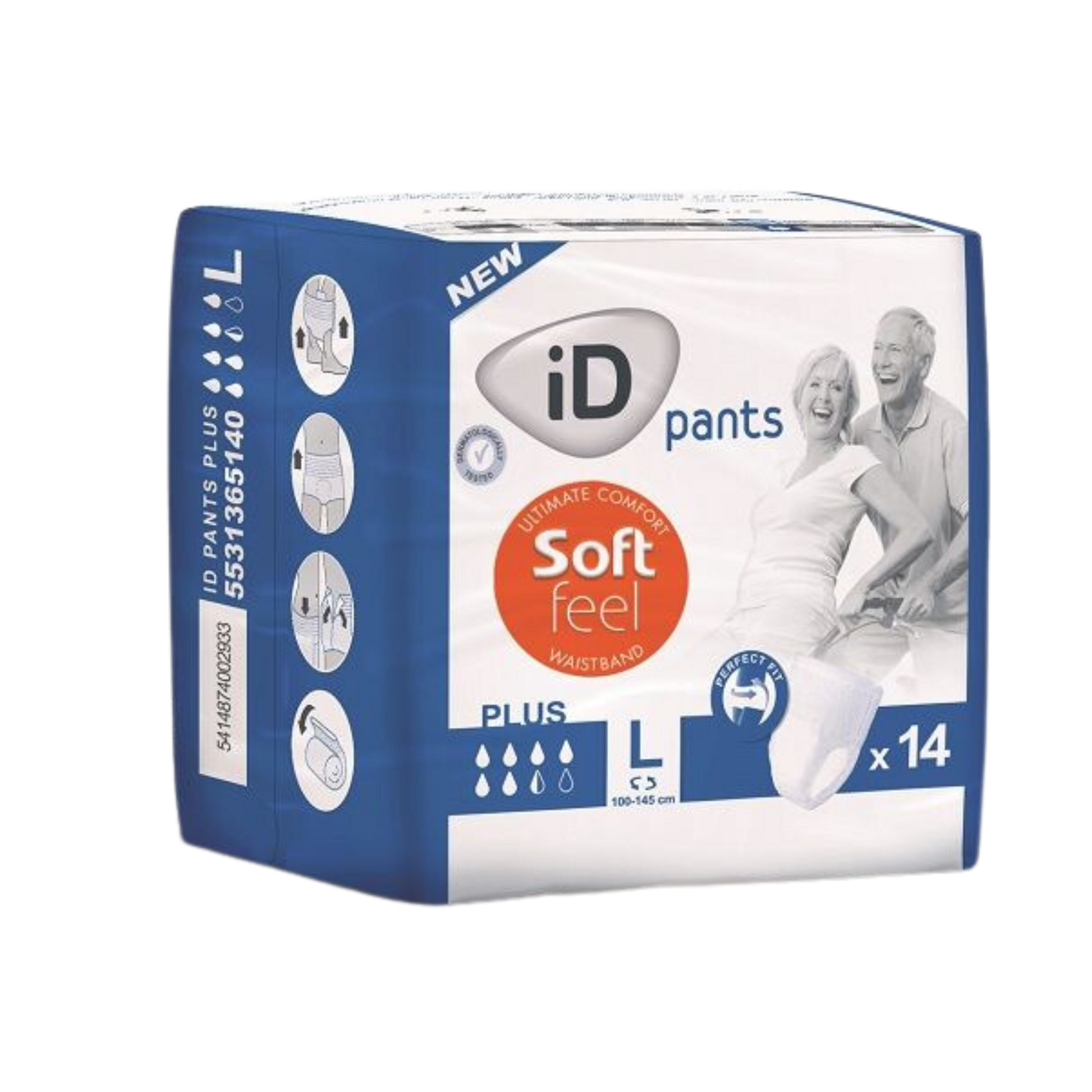 Packaging for iD Pants Plus Large (L) 14-pack, highlighting dermatologically tested, "Perfect Fit," and "Ultra Discreet Protection" features for unisex use.