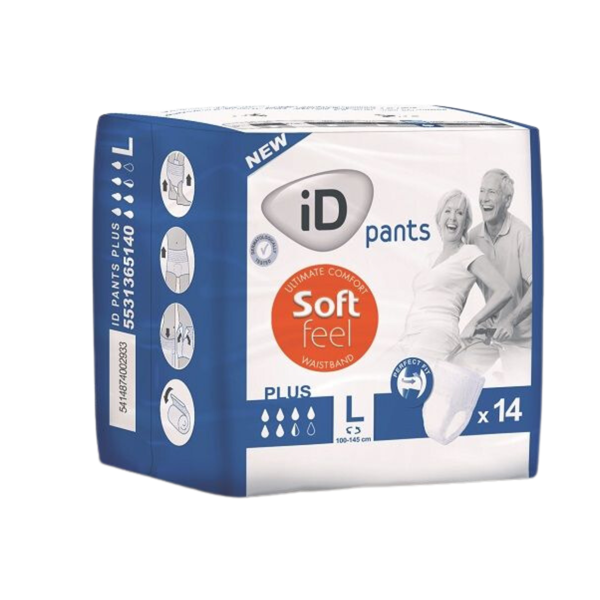 Packaging for iD Pants Plus Large (L) 14-pack, highlighting dermatologically tested, "Perfect Fit," and "Ultra Discreet Protection" features for unisex use.
