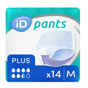 Packaging for iD Pants Plus size Medium, featuring a 14-count quantity and a high-absorbency rating for reliable leak protection.