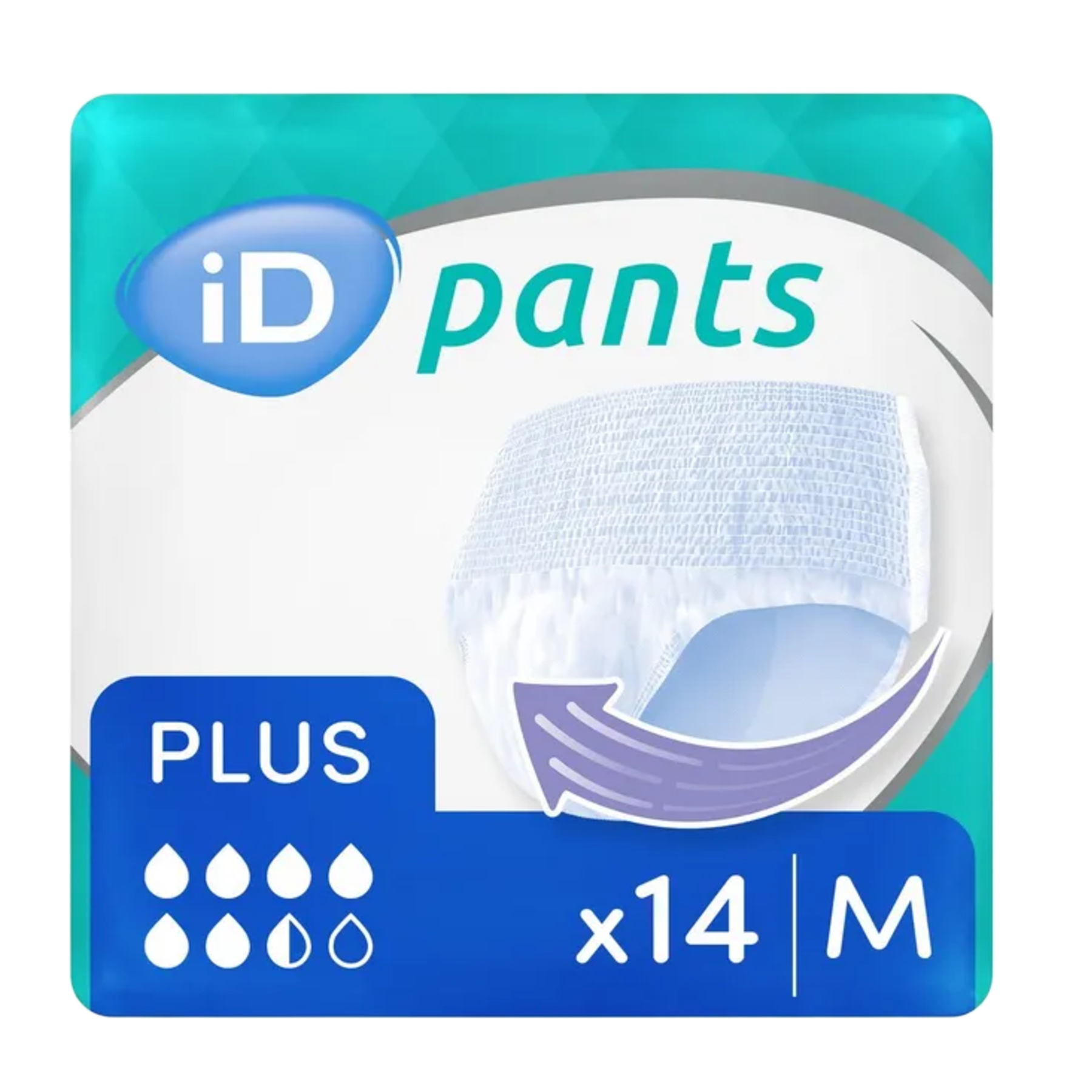Packaging for iD Pants Plus size Medium, featuring a 14-count quantity and a high-absorbency rating for reliable leak protection.
