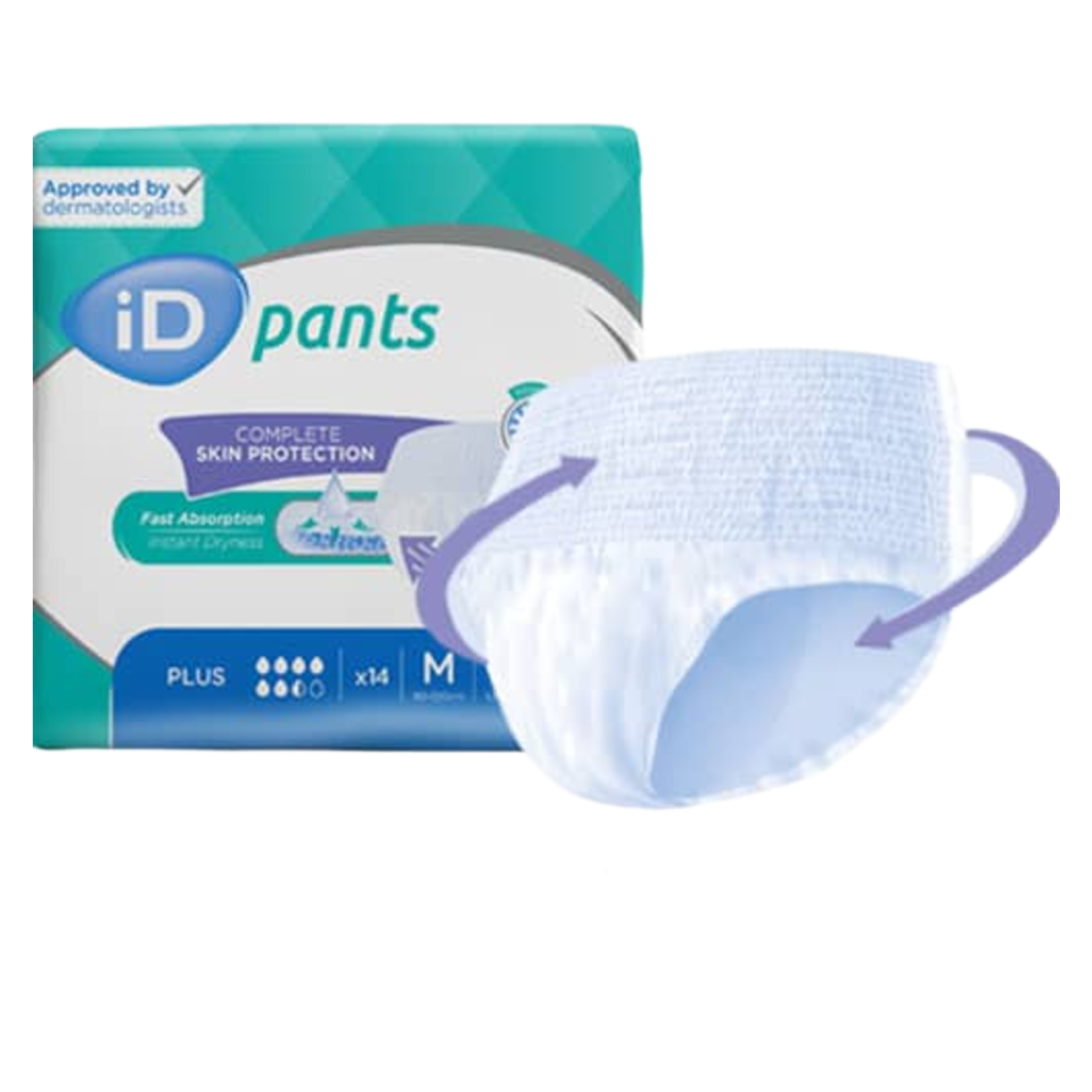 A pack of iD Pants Plus absorbent underwear in size Medium, featuring a 14-count pack with a "Complete Skin Protection" label and a dermatologist-approved seal.