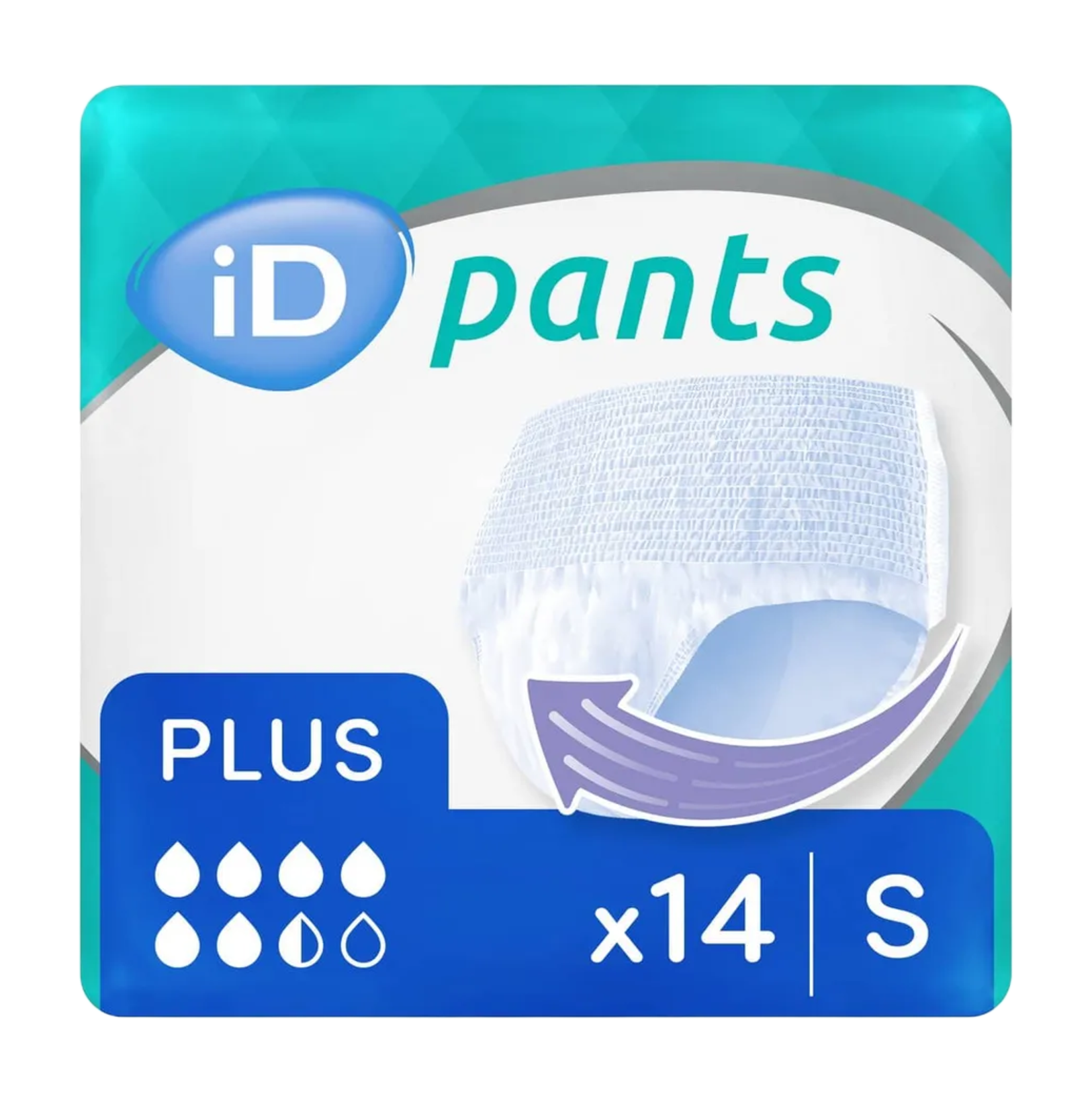 Packaging for iD Pants Plus in size Small, featuring a 14-count pack with a 6-drop absorbency rating for unisex use.