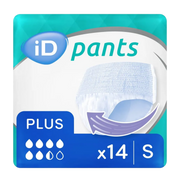 Packaging for iD Pants Plus in size Small, featuring a 14-count pack with a 6-drop absorbency rating for unisex use.