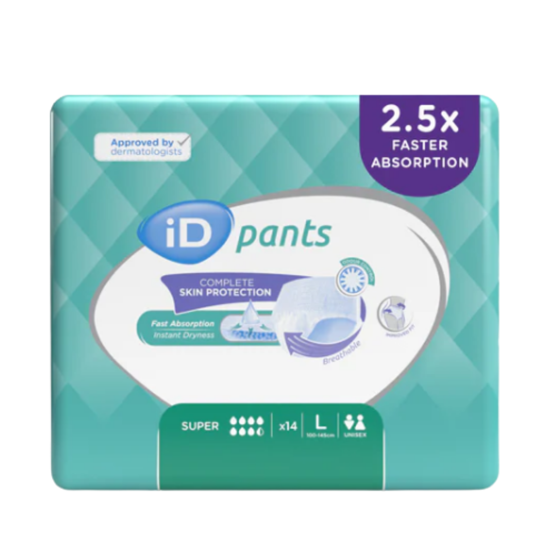 Front packaging of iD Pants Super in size Large, featuring a 14-pack of unisex incontinence pull-ups with "Complete Skin Protection" and "2.5x Faster Absorption" labels.