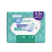 Front flat view of iD Pants Super medium 14-pack featuring 2.5x faster absorption and complete skin protection technology.