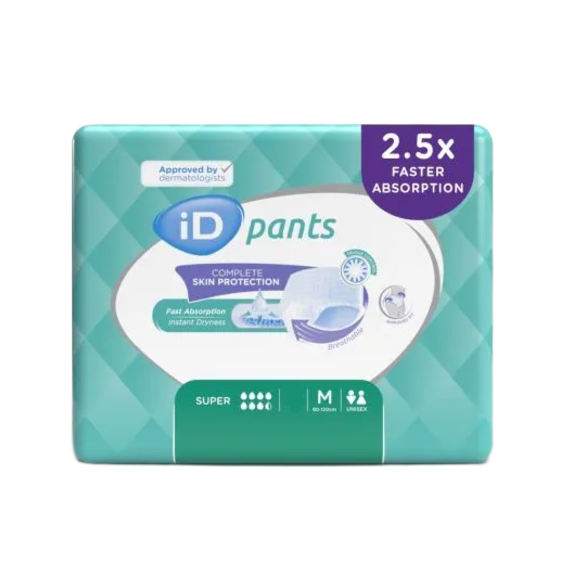 Front flat view of iD Pants Super medium 14-pack featuring 2.5x faster absorption and complete skin protection technology.