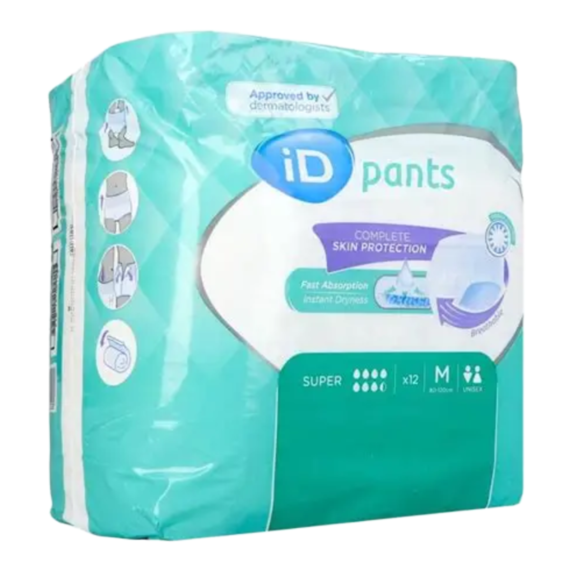 Side view of iD Pants Super medium packaging highlighting dermatologically approved skin protection and fast absorption features.