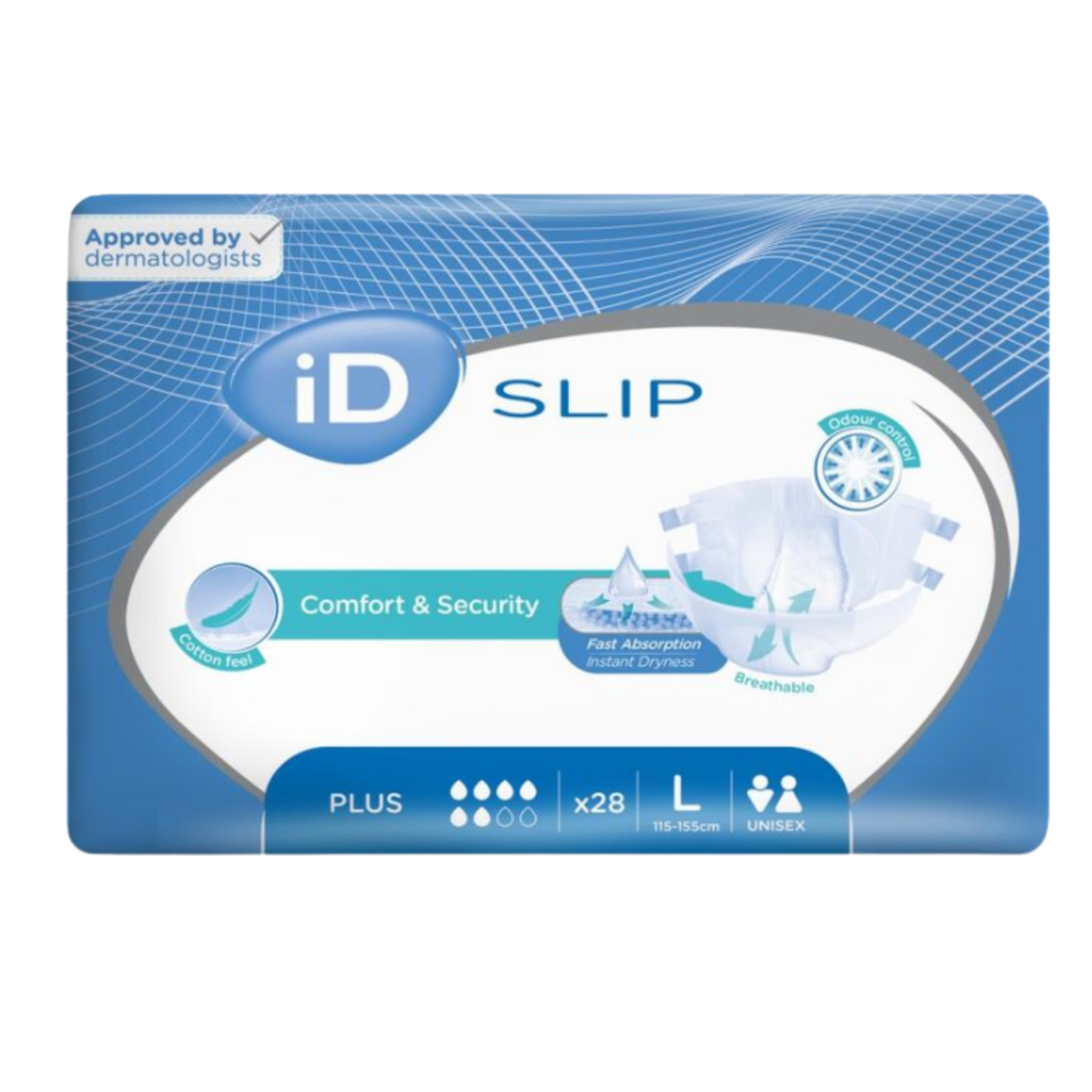 Front packaging of iD Slip Plus size Large, featuring 28 unisex briefs with "Comfort & Security" and "Fast Absorption" labels.