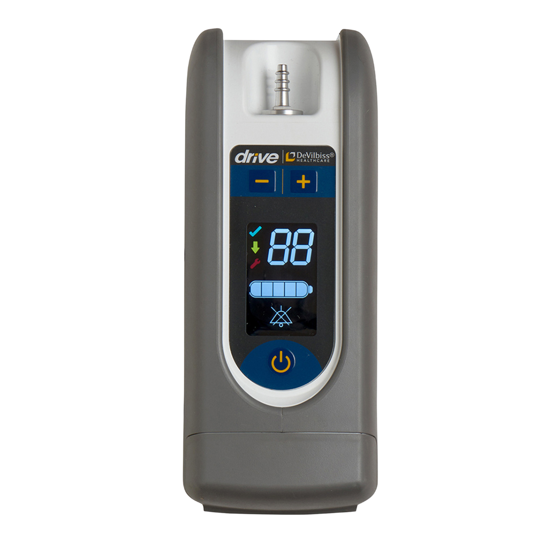 Front view of Drive DeVilbiss iGo2 Portable Oxygen Concentrator showing digital display and control buttons for oxygen settings.
