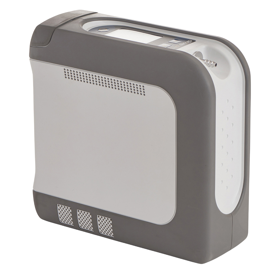 Side view of Drive DeVilbiss iGo2 Portable Oxygen Concentrator featuring compact and lightweight design for mobility.
