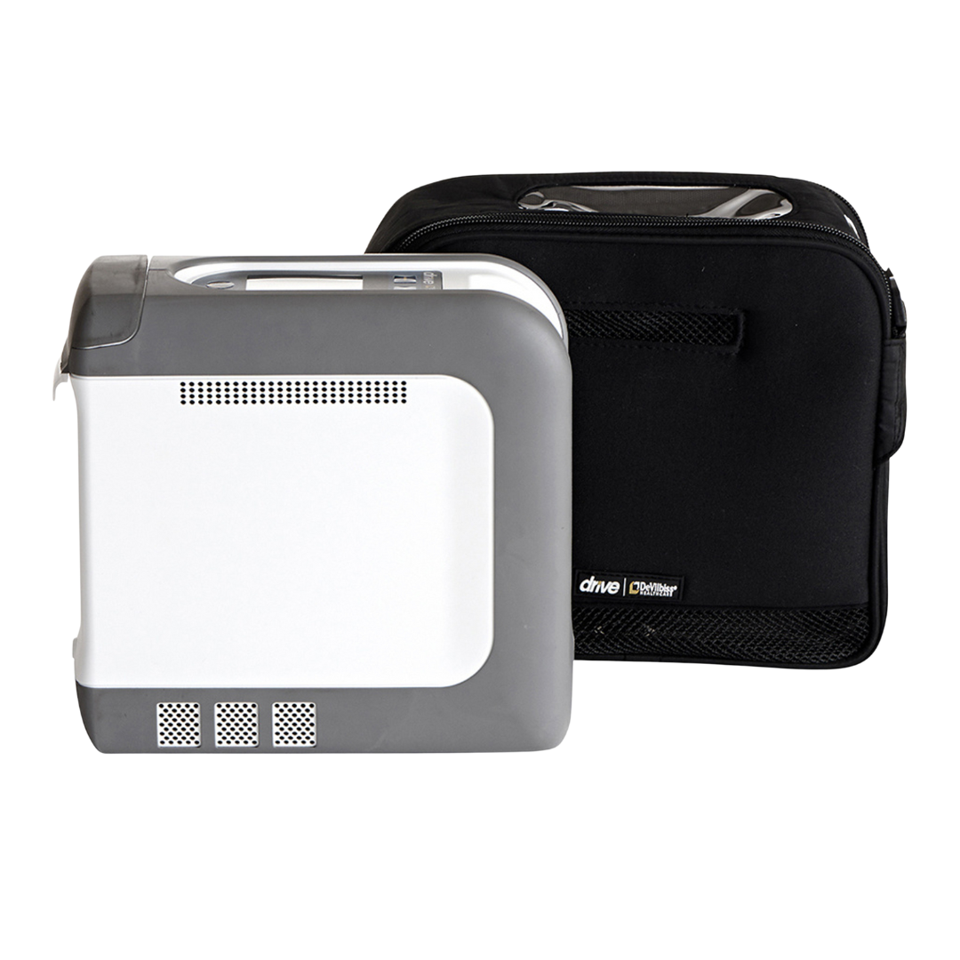 Drive DeVilbiss iGo2 Portable Oxygen Concentrator displayed alongside its protective carry bag for travel and storage.
