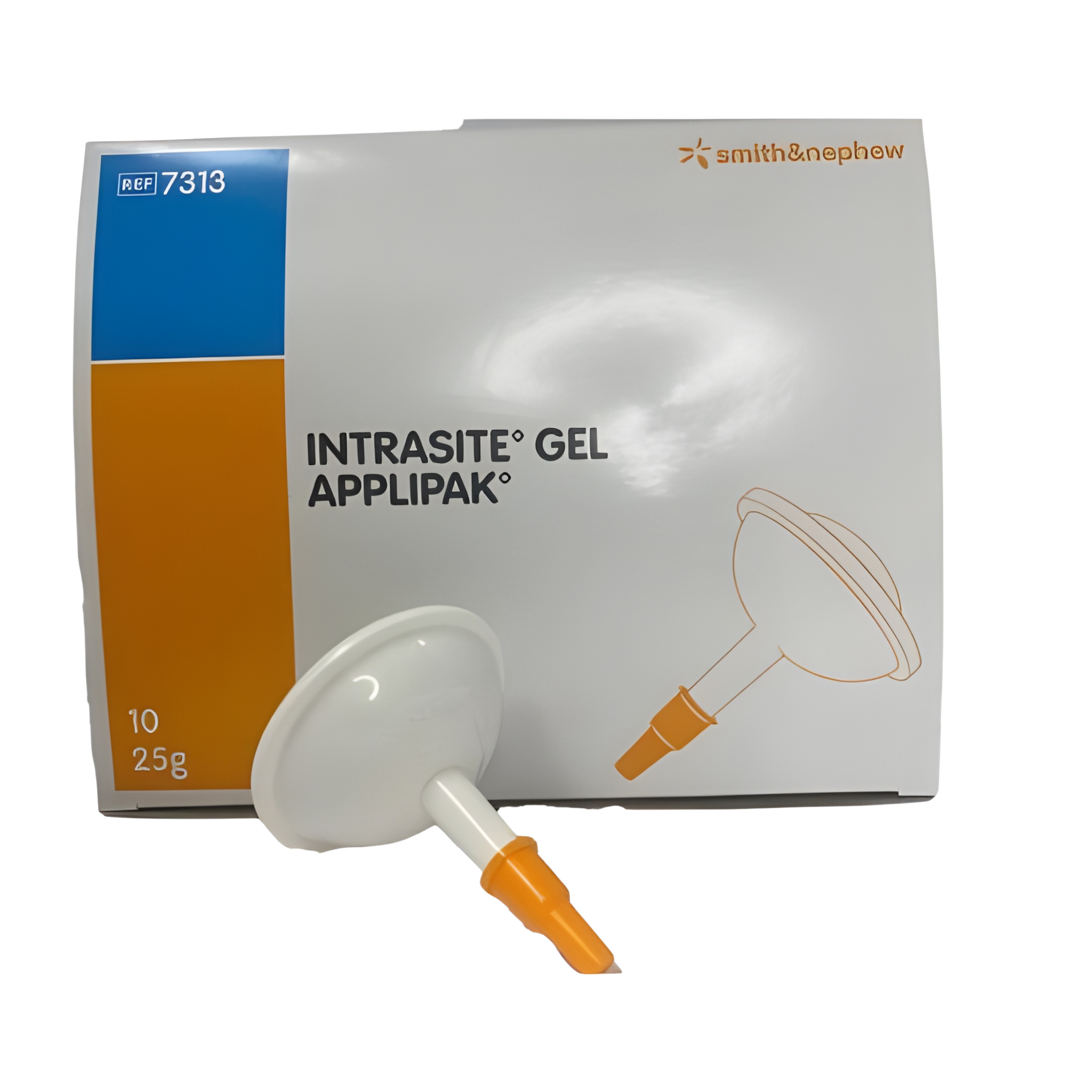 Front view of Intrasite Gel Applipak box, reference number 7313, containing 10 dispensers of 25g hydrogel wound dressing.