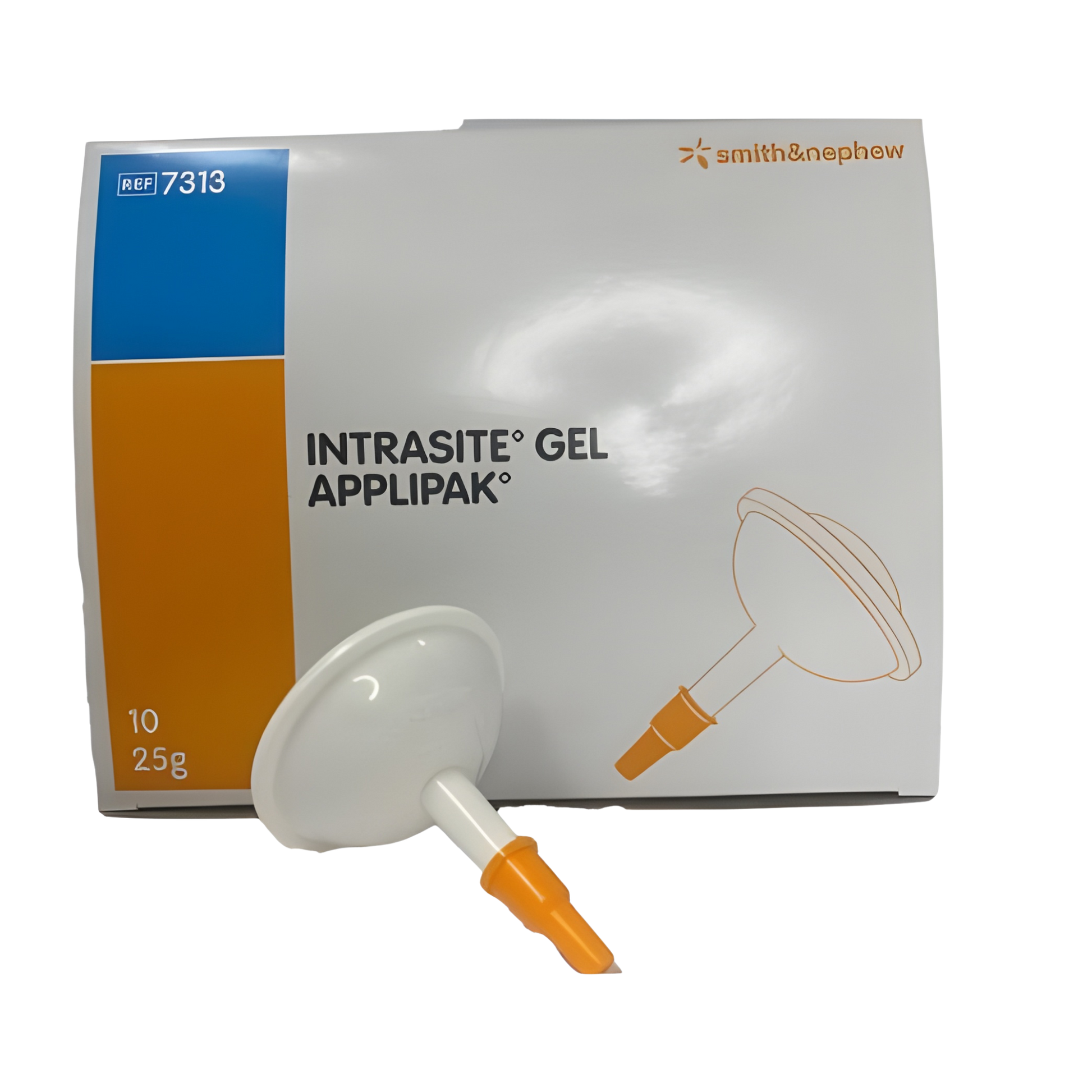 Front view of Intrasite Gel Applipak box, reference number 7313, containing 10 dispensers of 25g hydrogel wound dressing.