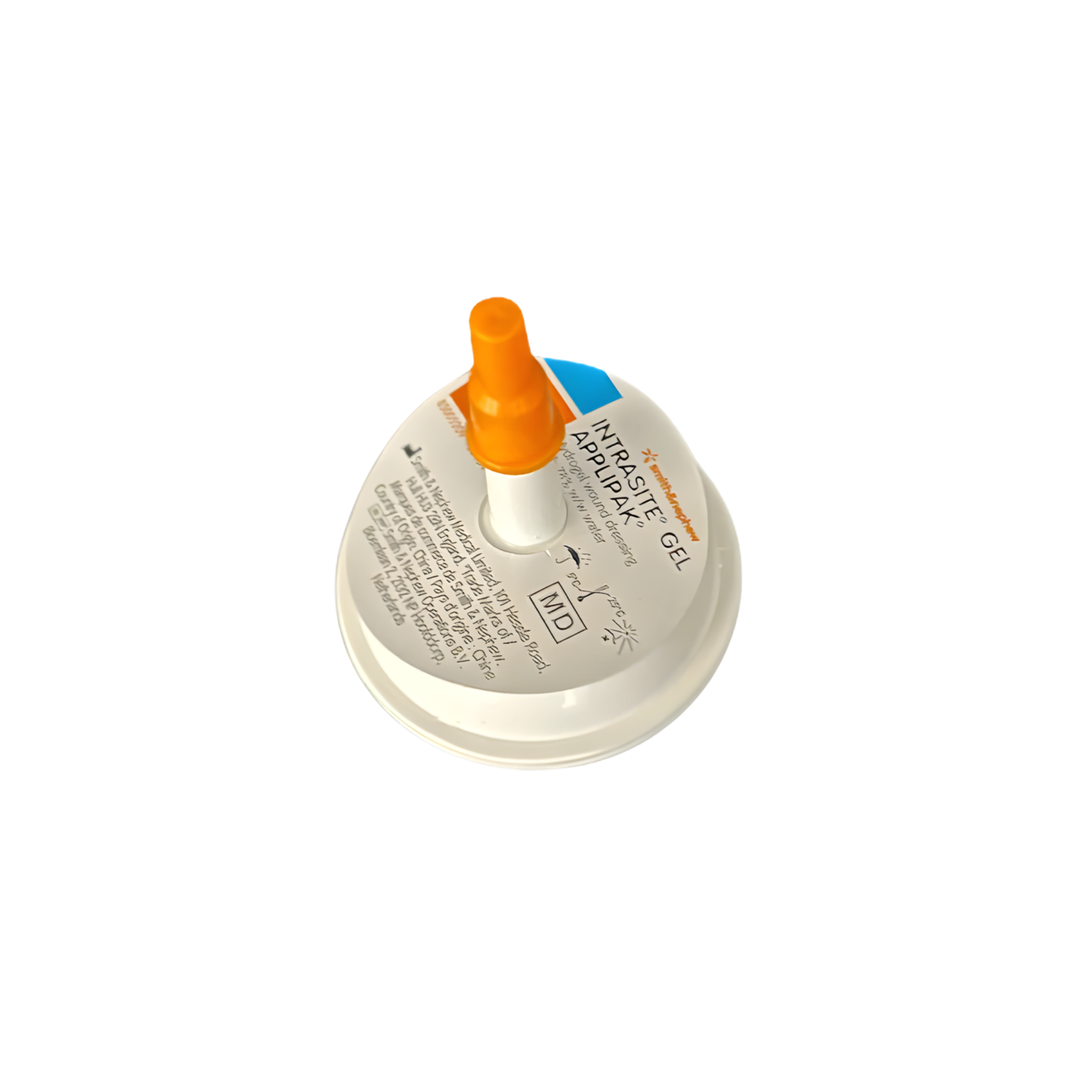 Top-down view of a sterile 8g Intrasite Gel dispenser highlighting the orange protective cap and manufacturer details.