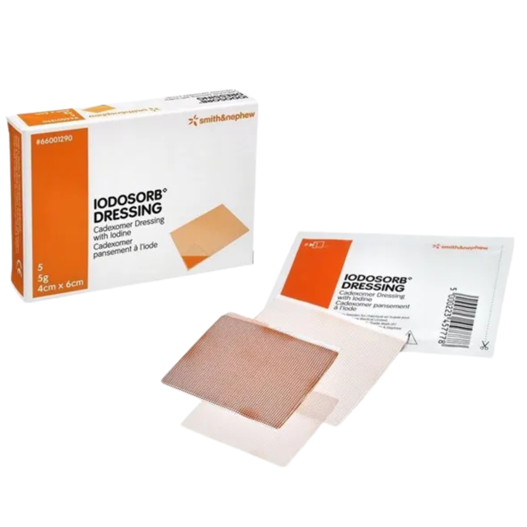 A Smith & Nephew IODOSORB Dressing kit featuring a white and orange box, a sterile sachet, and a 4cm x 6cm cadexomer iodine mesh dressing being peeled from its protective layer.