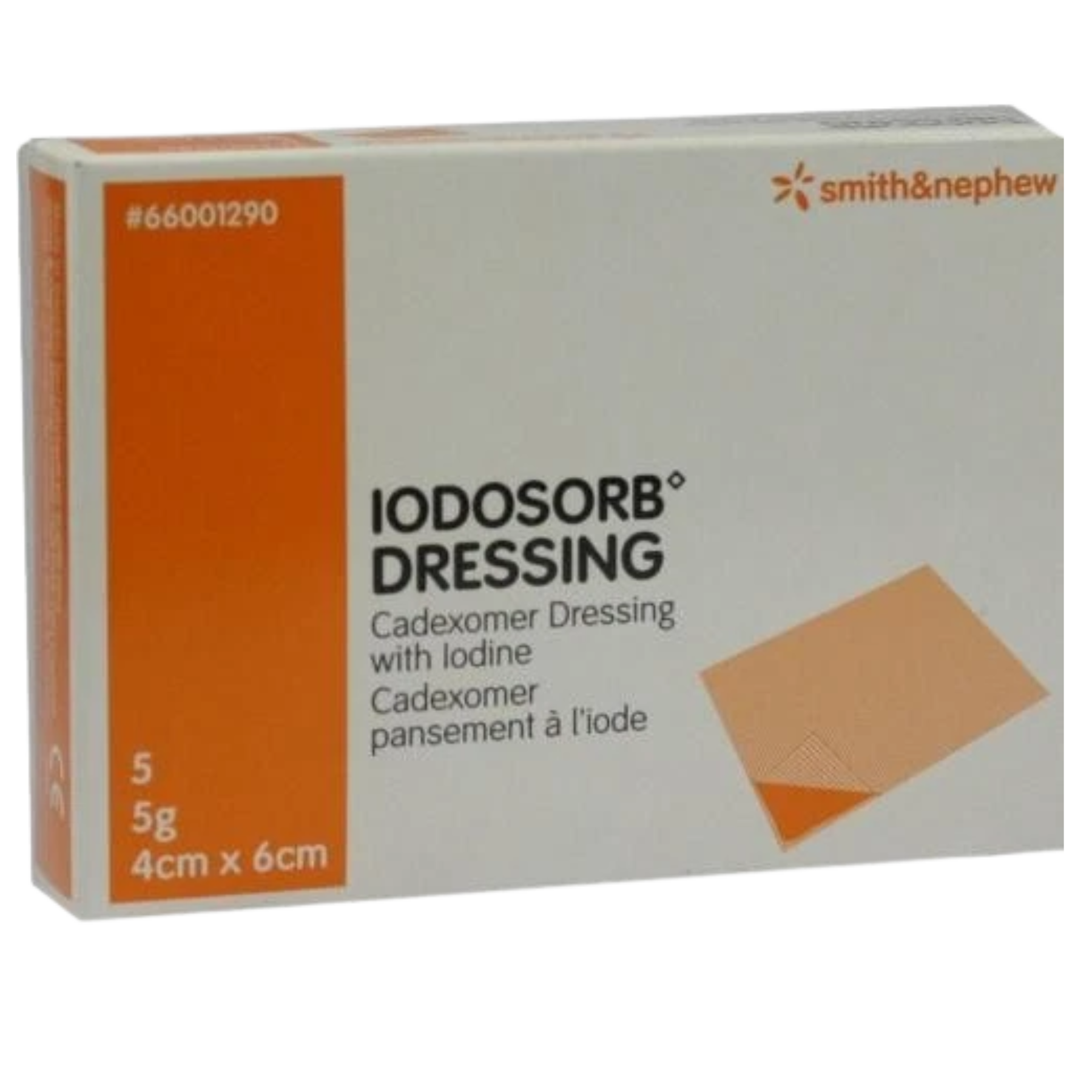 Front view of an IODOSORB Dressing box, product code #66001290, containing five 5g dressings sized 4cm x 6cm.