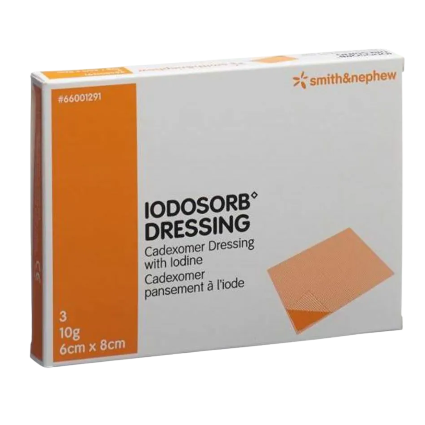 Exterior packaging of an IODOSORB Dressing box, product code #66001291, containing three 10g dressings sized 6cm x 8cm.