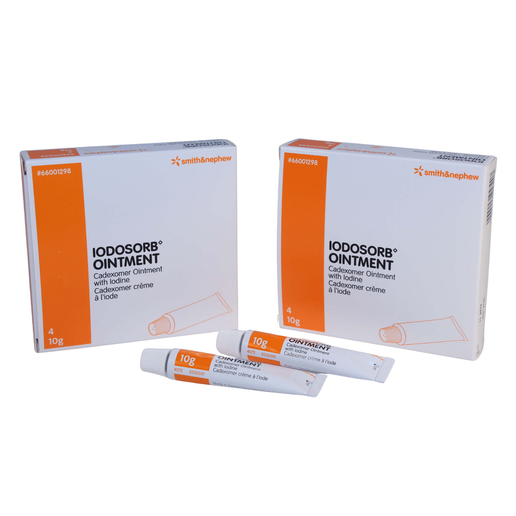 A 4-pack box of IODOSORB Ointment 10g tubes, product code #66001298, used for treating infected traumatic or surgical wounds.