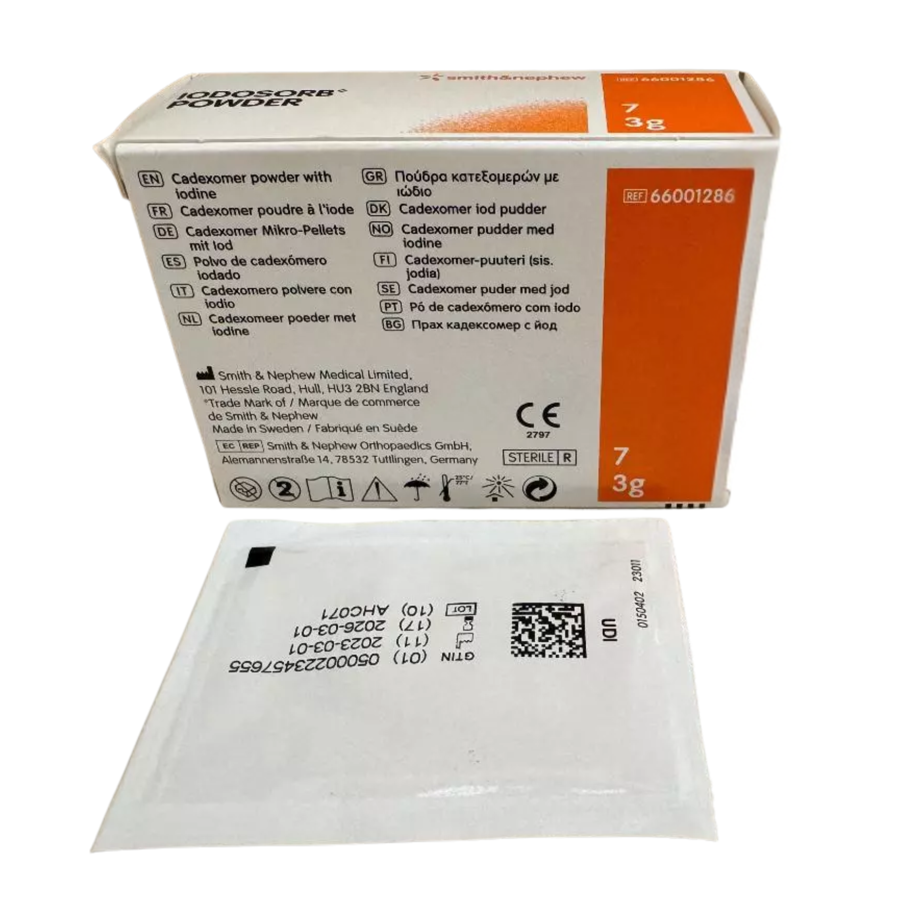 Rear view of an IODOSORB Powder box showing multi-language product descriptions and a sterile 3g sachet with a UDI barcode and manufacturing details.