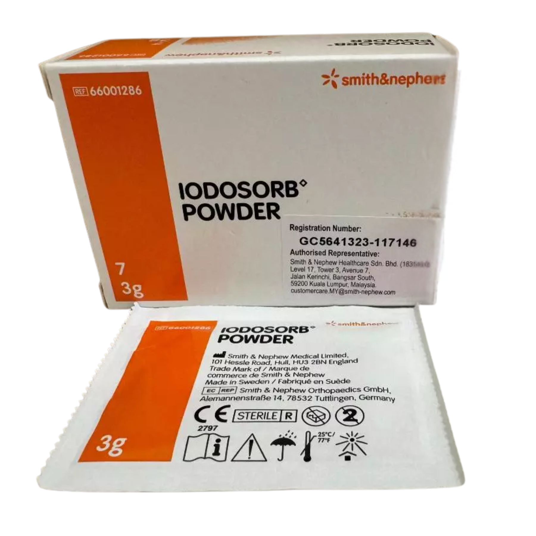 Front view of a box of IODOSORB Powder containing seven 3g sachets, featuring the Smith & Nephew logo and medical registration labels.